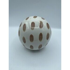 Painted Ceramic Sphere Sculpture, White with Brown Spots, Circumference 18.5in